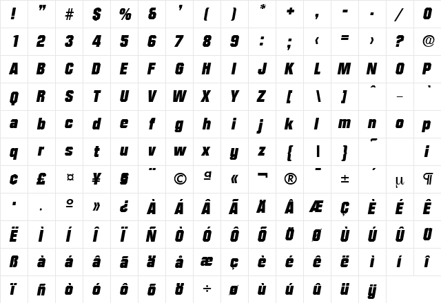 Diamante-Serial-Heavy RegularItalic  glyph index