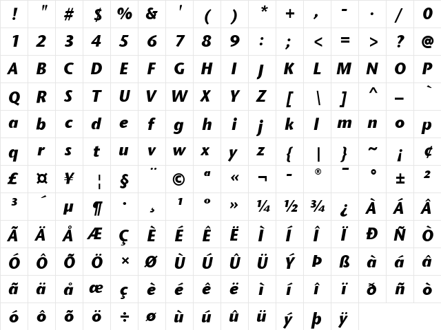 StoneSansITC Bold Italic  glyph index