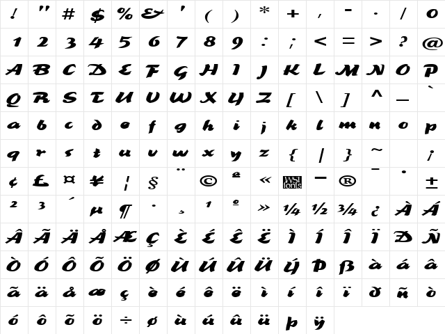 BrookscriptWide Regular  glyph index