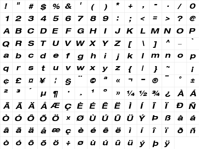 ContextRepriseCondSSK Bold Italic  glyph index