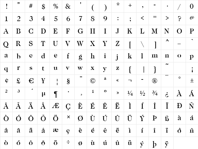 Caslon-Medium Regular  glyph index