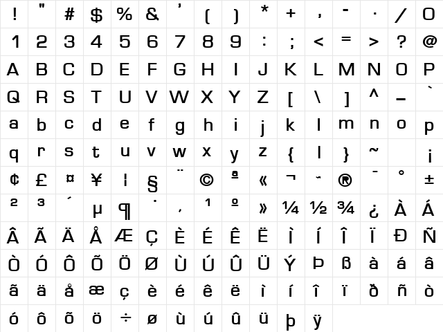 Eurasia Wide Bold  glyph index