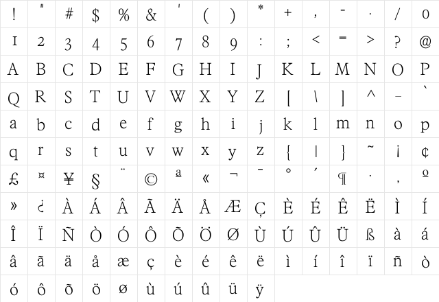 Franci Xlight  glyph index