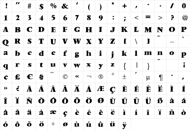 V691-Roman-Xbold Regular  glyph index