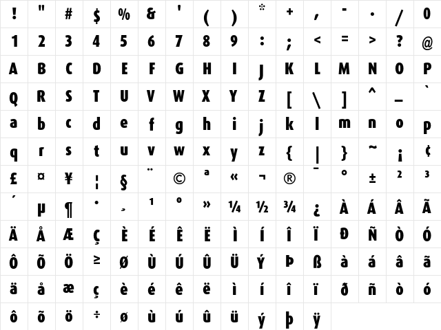 DaxCondensed Black  glyph index