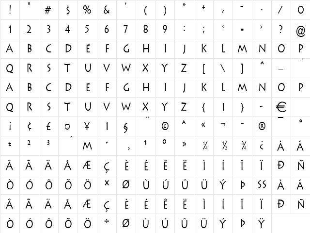 ListeCondensed Normal  glyph index