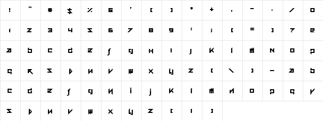 Ace Adventure Regular  glyph index
