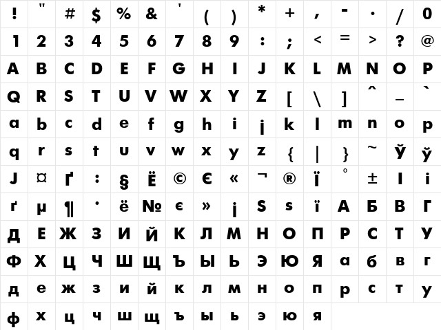 UkrainianFuturisExtra Regular  glyph index