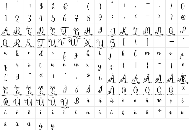Yoshieka Regular  glyph index