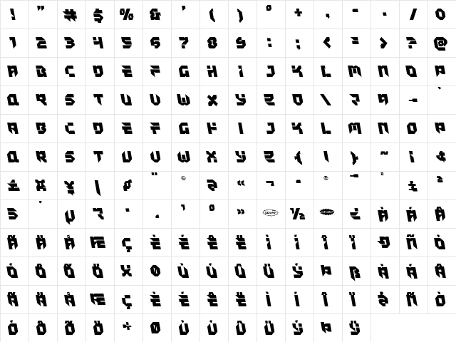Tokyo Drifter Leftalic Regular  glyph index