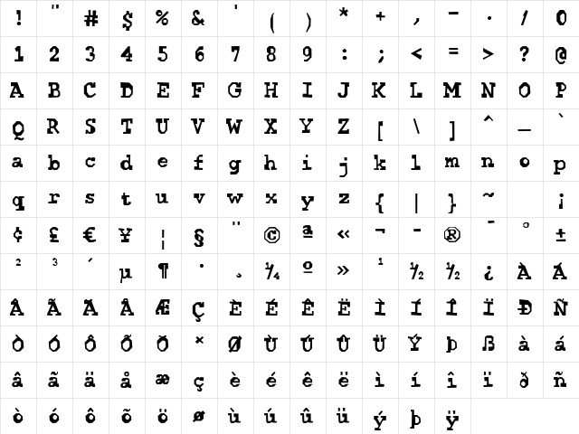 Quickstep Bold  glyph index