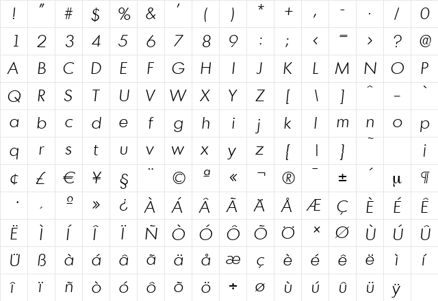 MontrealSerial-Light Italic  glyph index