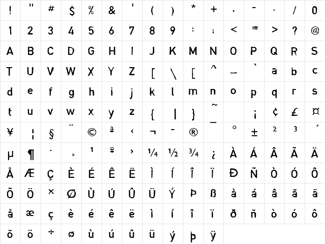 DTCDirtyM14 Regular  glyph index