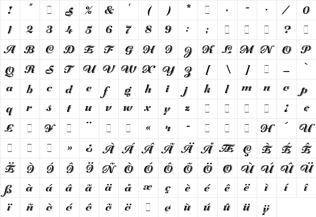 Zaragoza Regular  glyph index
