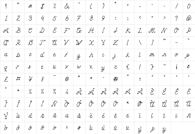 MiiyThin Regular  glyph index