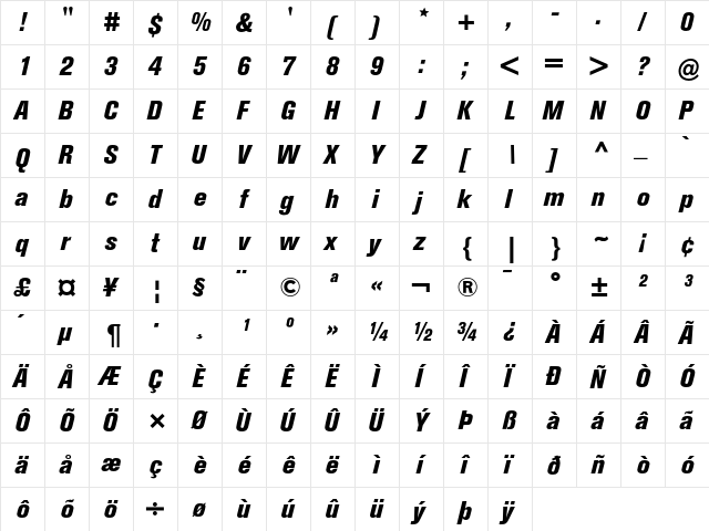 Berthold Akzidenz Grotesk BE Extra Bold Condensed Italic  glyph index