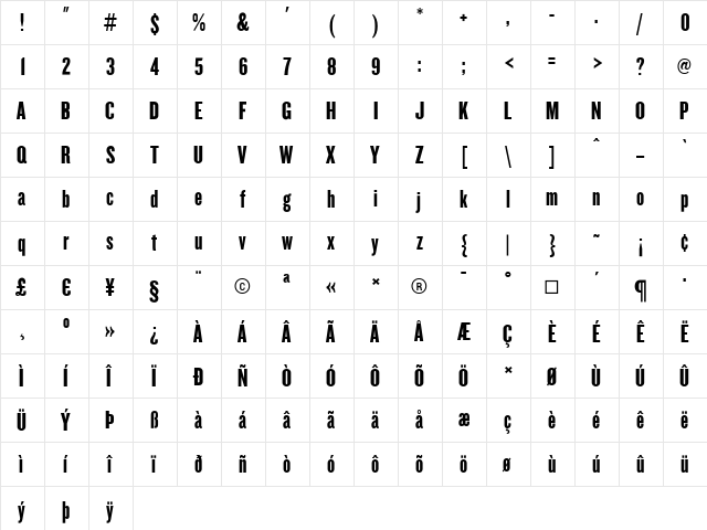 Knockout Medium  glyph index
