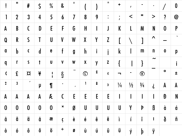 Futura T Condensed Medium  glyph index