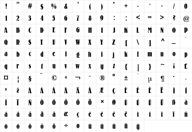 Lo-Type BQ Condensed Medium  glyph index