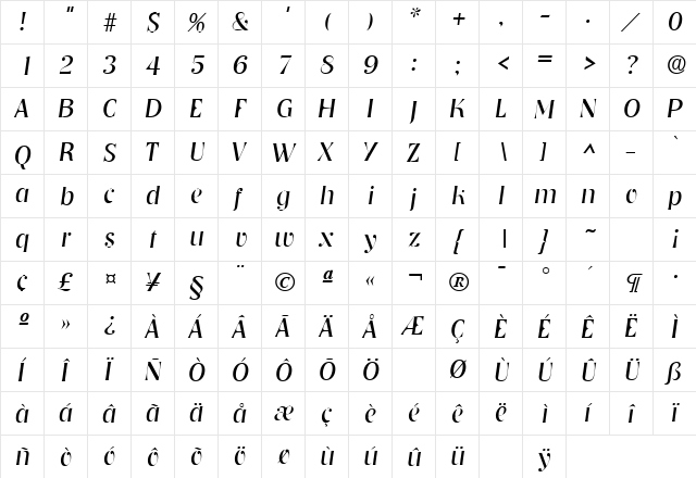 NashvilleLH Italic  glyph index