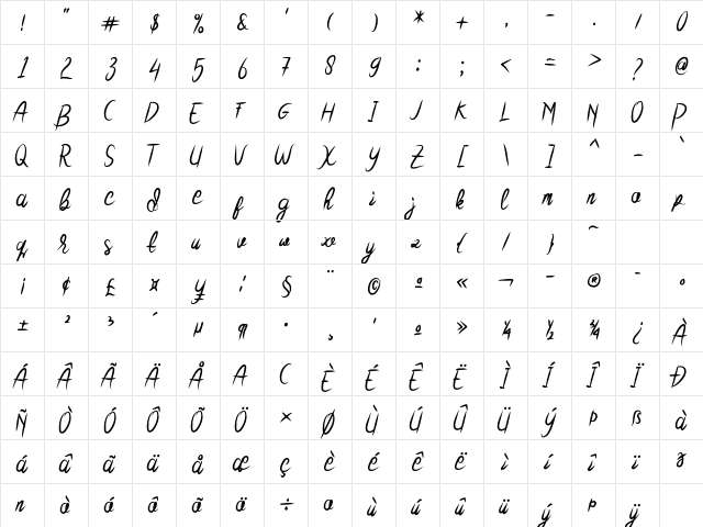 Thursday_Rise Regular  glyph index