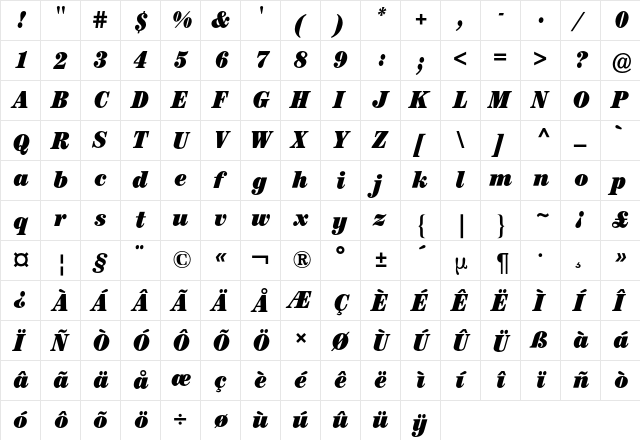 Century ITC BQ Regular  glyph index