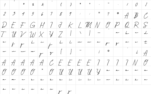 Qhueeny Signature Regular  glyph index