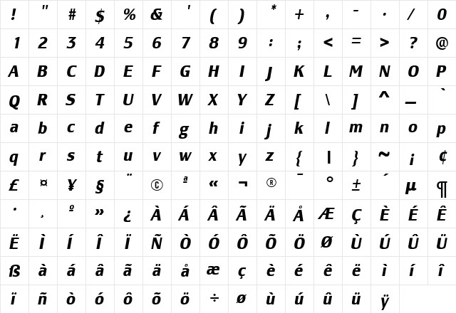 LesmoreBoldCondensedItalic Roman  glyph index