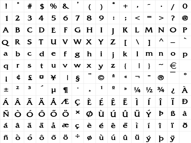 FrancoWide Bold  glyph index