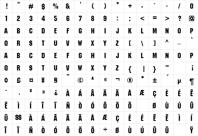 Jersey Plain  glyph index