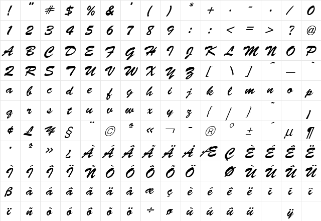 Brush Regular  glyph index