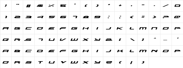 Alexis Expanded Italic Expanded Italic  glyph index
