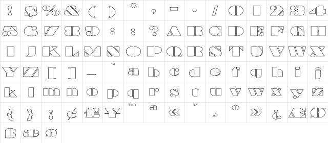 MBraggadocio HW Regular  glyph index