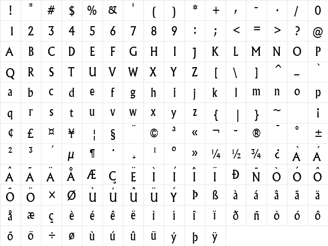 Flair Condensed Normal  glyph index