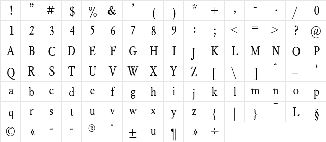 MyslNarrow Regular  glyph index