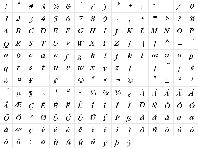 Garamond ITC T Book Italic  glyph index