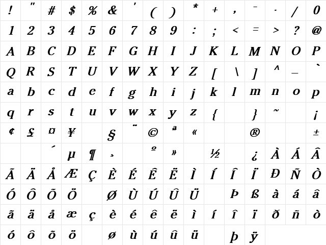 Nobody's Fault 2 Bold Italic  glyph index