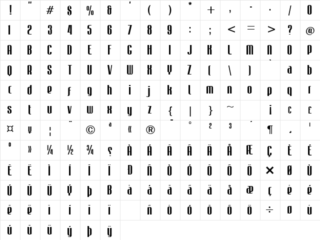 Mabella Regular  glyph index