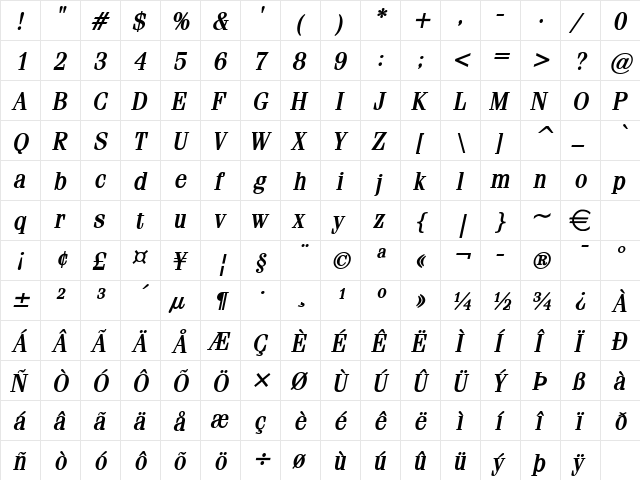 Feline BoldItalic  glyph index