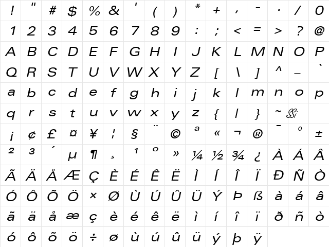 Nova Expanded SSi Expanded Italic  glyph index