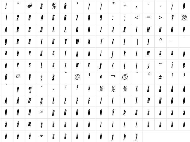 CompactaICG LightItalic  glyph index