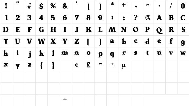 TractoDisplaySSK Regular  glyph index