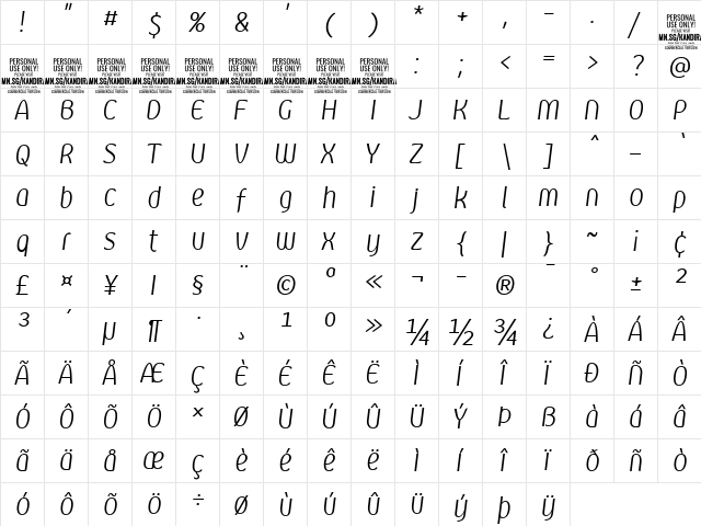 Kandira PERSONAL Light Italic  glyph index