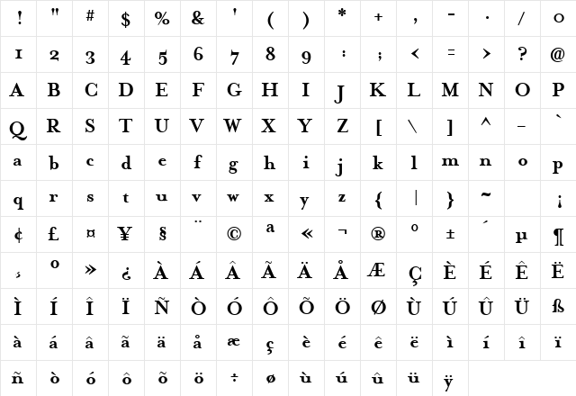 MrsEavesBold Regular  glyph index