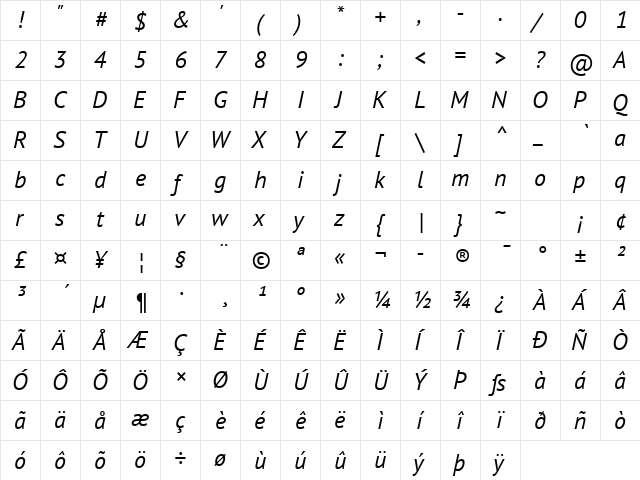 PT Sans Italic  glyph index