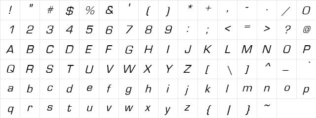 EurostileObl-No Regular  glyph index