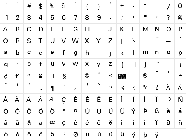 Universal Regular  glyph index