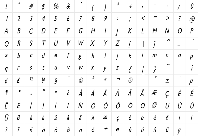 GibraltarCondensed Italic  glyph index