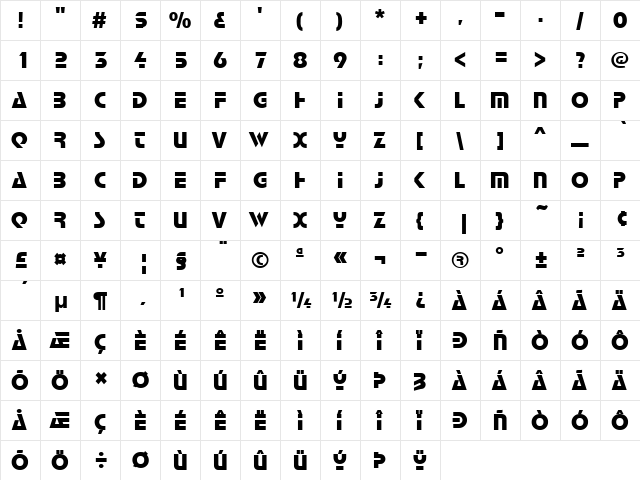 PT Technobop Normal  glyph index