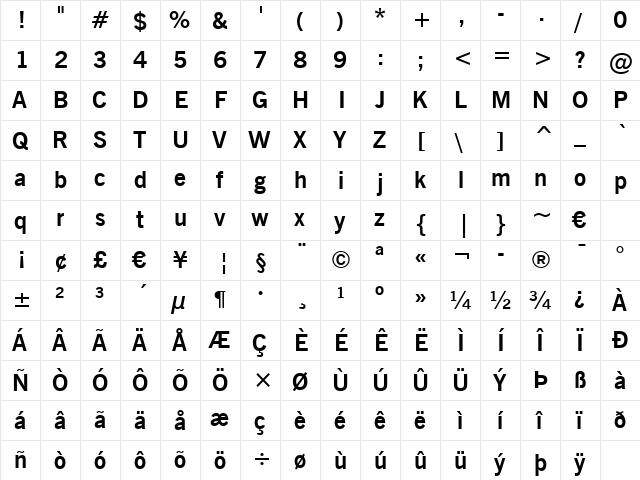 NewsGoth BT Bold  glyph index